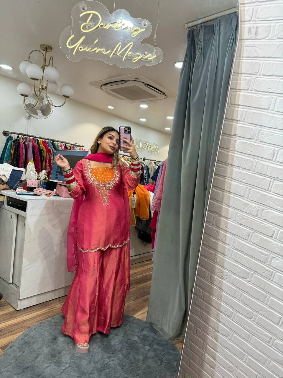 Ceremony Wear Pink Color Embroidered 3-Piece Set Palazzo Suit