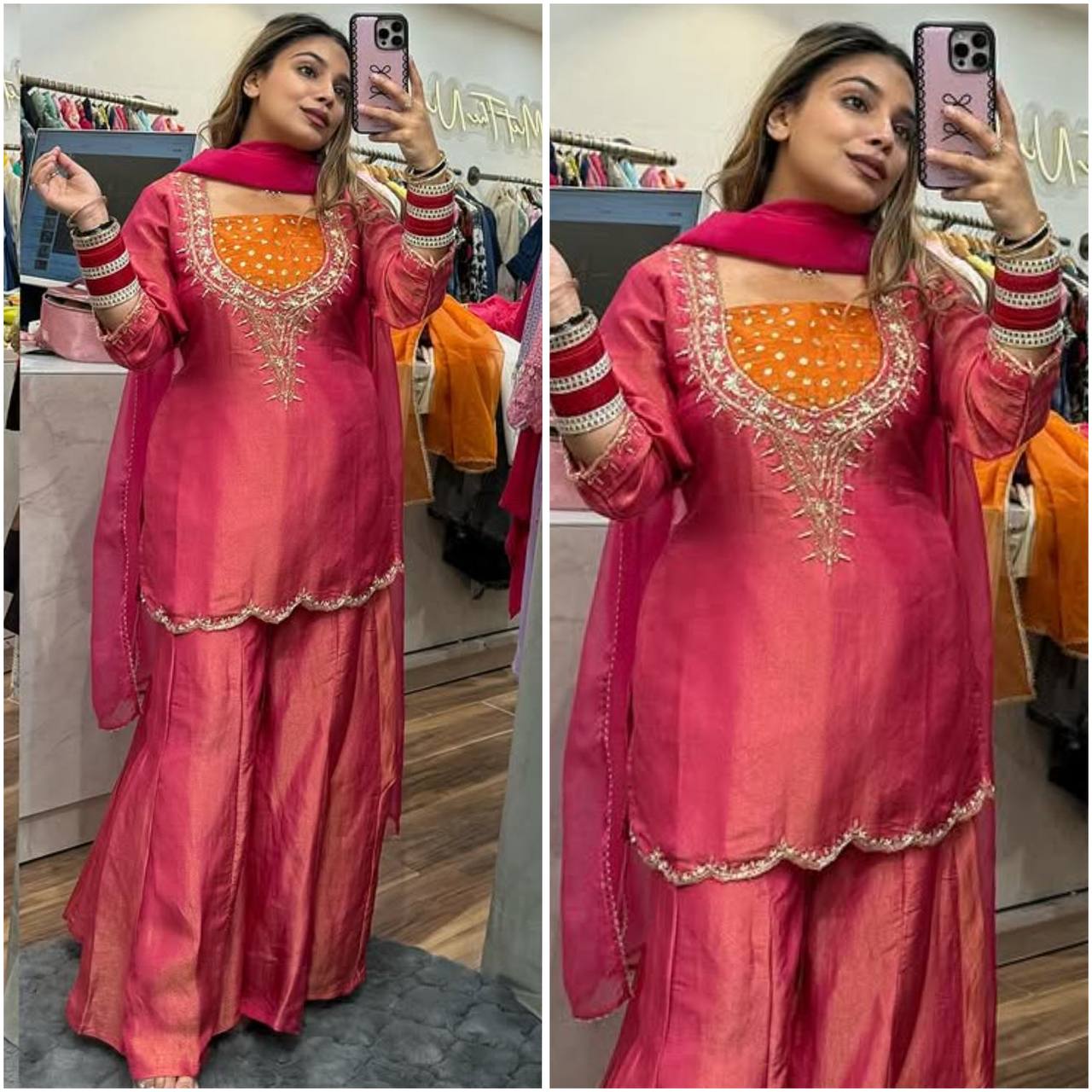 Ceremony Wear Pink Color Embroidered 3-Piece Set Palazzo Suit