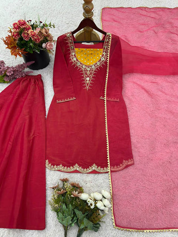 Ceremony Wear Pink Color Embroidered 3-Piece Set Palazzo Suit