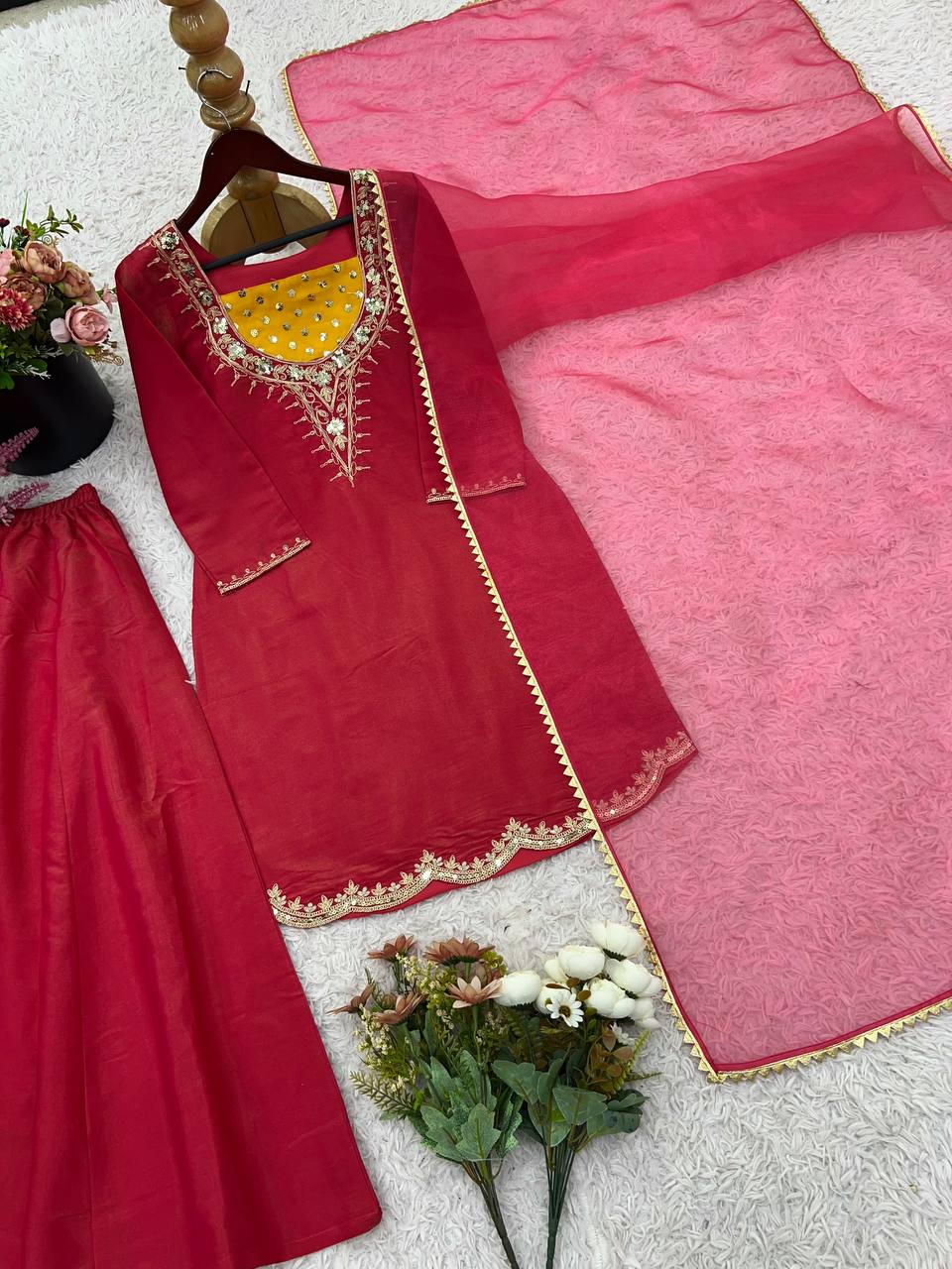 Ceremony Wear Pink Color Embroidered 3-Piece Set Palazzo Suit