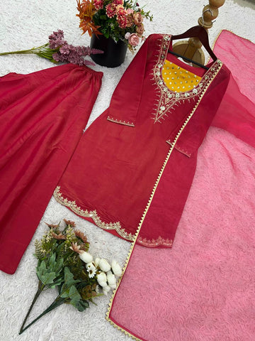Ceremony Wear Pink Color Embroidered 3-Piece Set Palazzo Suit