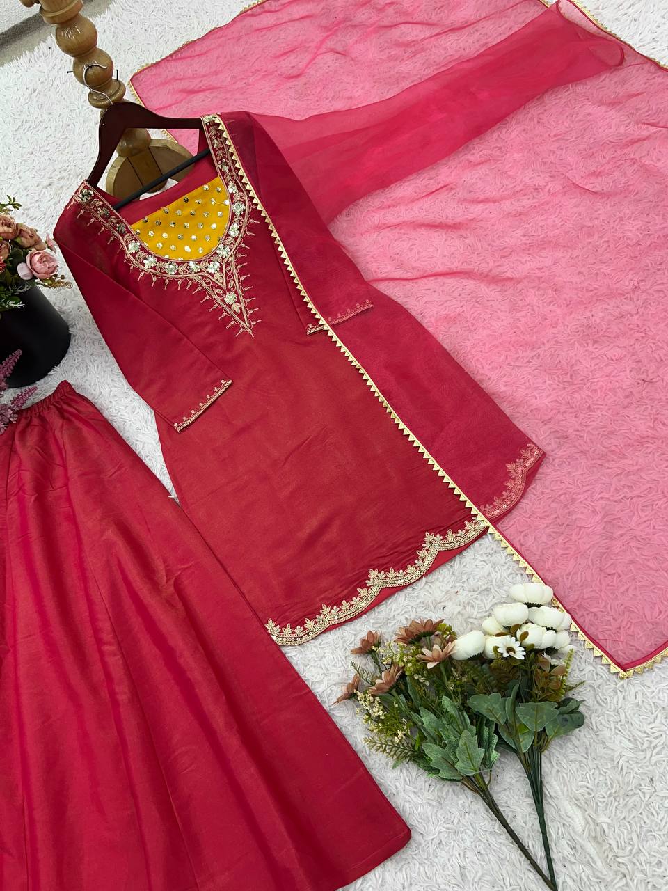 Ceremony Wear Pink Color Embroidered 3-Piece Set Palazzo Suit