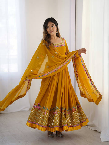 Party Wear Yellow Color Multithread Embroidery With 5mm Sequence Work Anarkali Gown