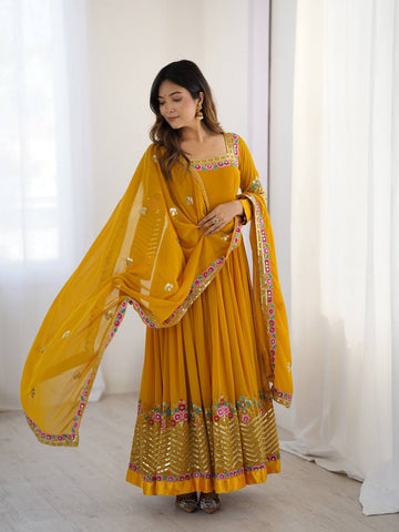 Party Wear Yellow Color Multithread Embroidery With 5mm Sequence Work Anarkali Gown