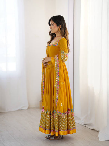Party Wear Yellow Color Multithread Embroidery With 5mm Sequence Work Anarkali Gown