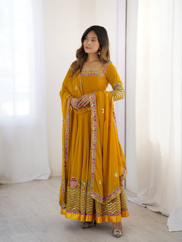 Party Wear Yellow Color Multithread Embroidery With 5mm Sequence Work Anarkali Gown