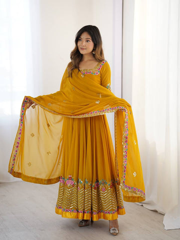 Party Wear Yellow Color Multithread Embroidery With 5mm Sequence Work Anarkali Gown