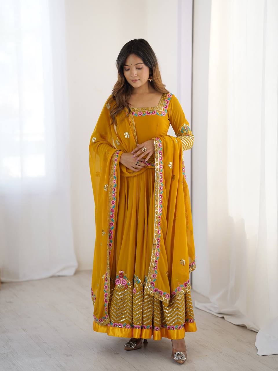 Party Wear Yellow Color Multithread Embroidery With 5mm Sequence Work Anarkali Gown