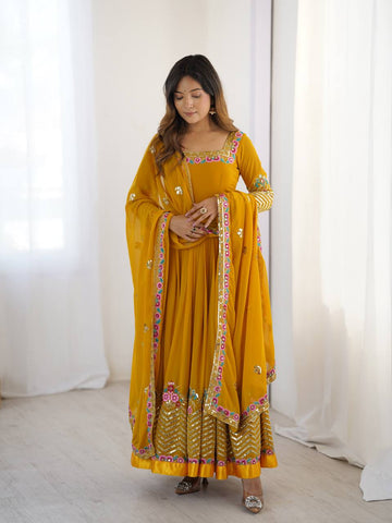Party Wear Yellow Color Multithread Embroidery With 5mm Sequence Work Anarkali Gown