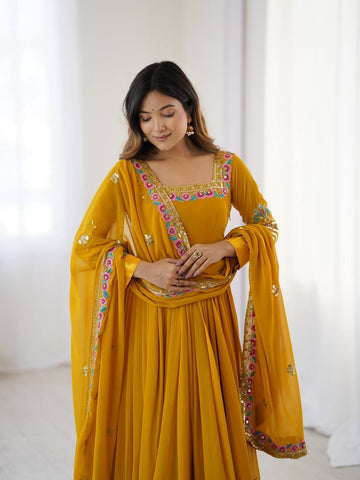 Party Wear Yellow Color Multithread Embroidery With 5mm Sequence Work Anarkali Gown