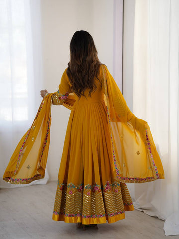 Party Wear Yellow Color Multithread Embroidery With 5mm Sequence Work Anarkali Gown