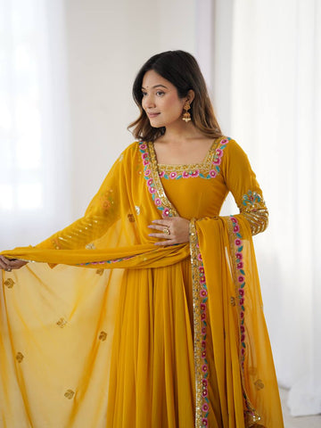 Party Wear Yellow Color Multithread Embroidery With 5mm Sequence Work Anarkali Gown