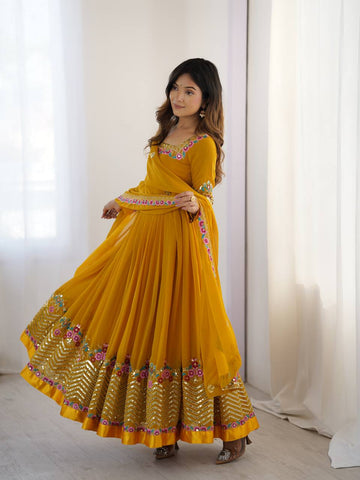 Party Wear Yellow Color Multithread Embroidery With 5mm Sequence Work Anarkali Gown