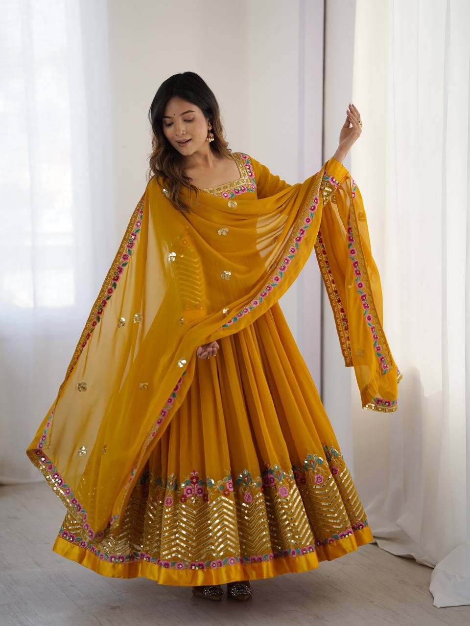 Party Wear Yellow Color Multithread Embroidery With 5mm Sequence Work Anarkali Gown