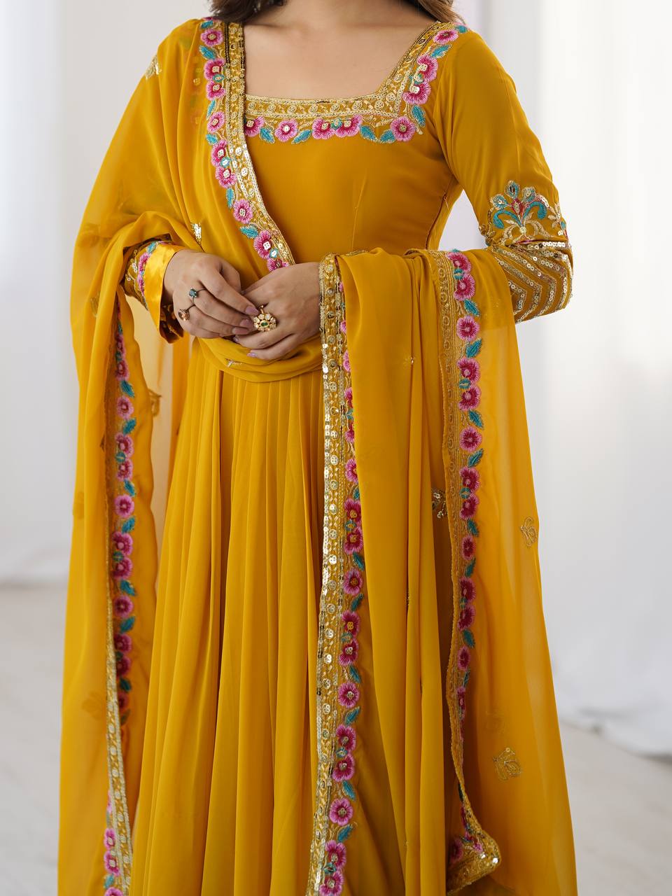 Party Wear Yellow Color Multithread Embroidery With 5mm Sequence Work Anarkali Gown