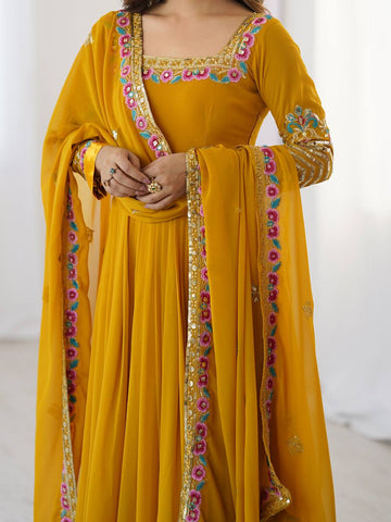 Party Wear Yellow Color Multithread Embroidery With 5mm Sequence Work Anarkali Gown