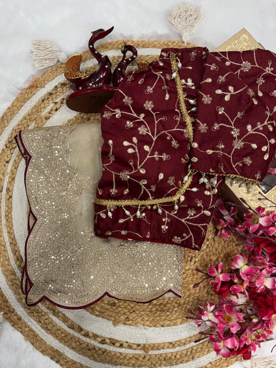 Party Wear Grey Color Embroidery Work Designer Saree With Maroon Blouse
