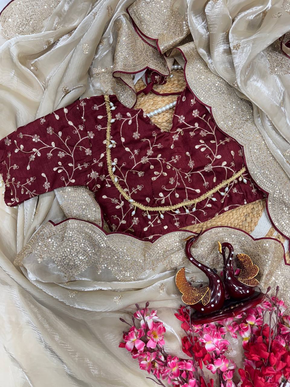 Party Wear Grey Color Embroidery Work Designer Saree With Maroon Blouse