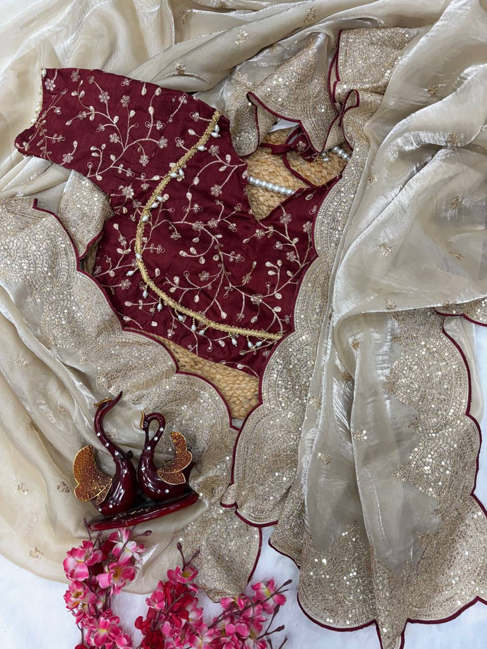 Party Wear Grey Color Embroidery Work Designer Saree With Maroon Blouse