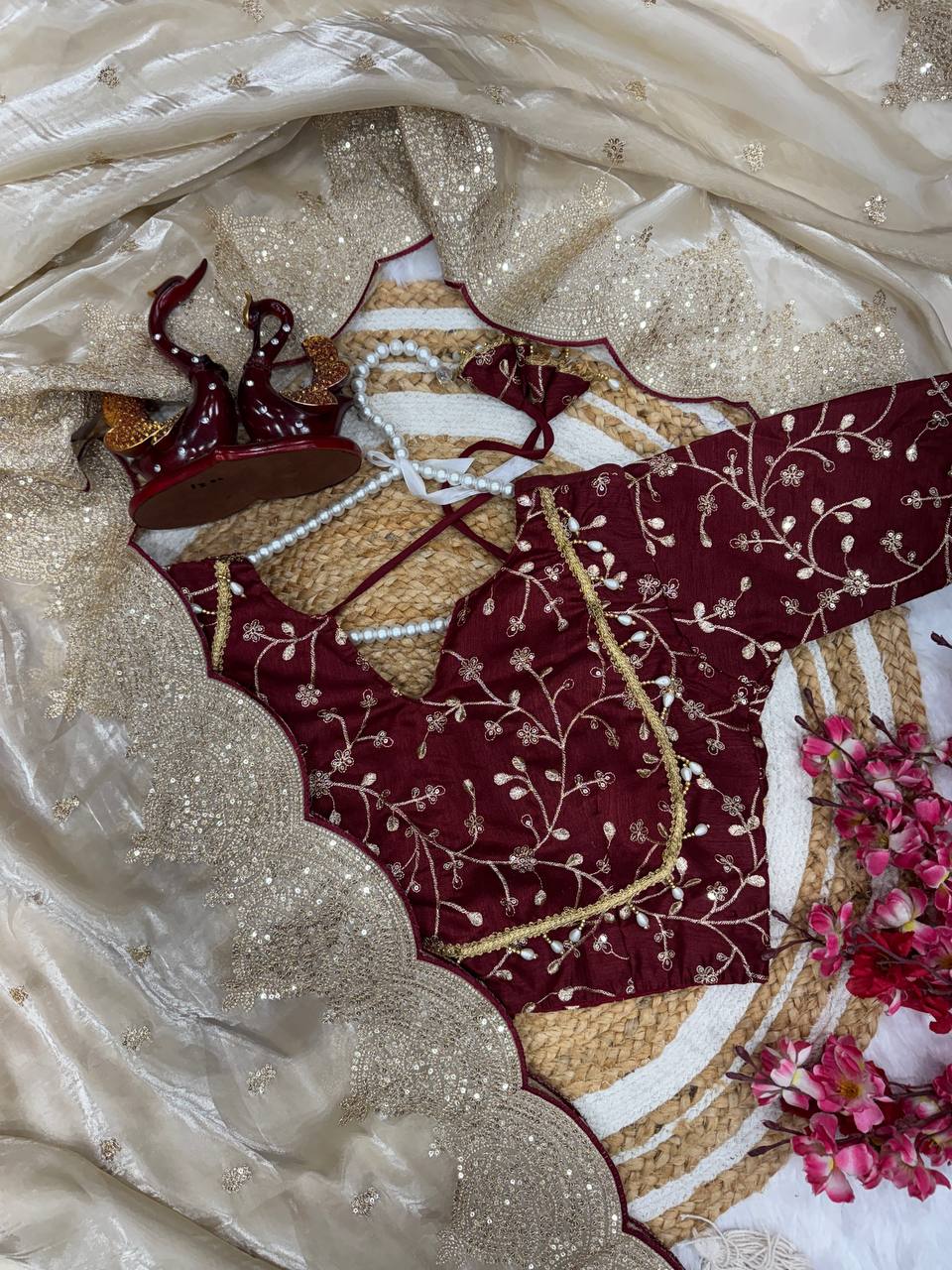 Party Wear Grey Color Embroidery Work Designer Saree With Maroon Blouse