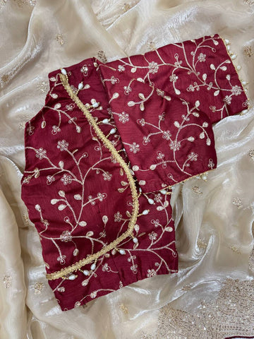 Party Wear Grey Color Embroidery Work Designer Saree With Maroon Blouse