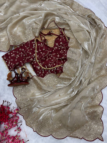 Party Wear Grey Color Embroidery Work Designer Saree With Maroon Blouse