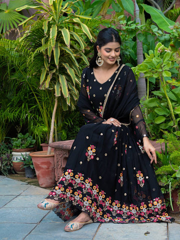 Party Wear Black Color Embroidery With Sequence Work Beautiful Anarkali Suit