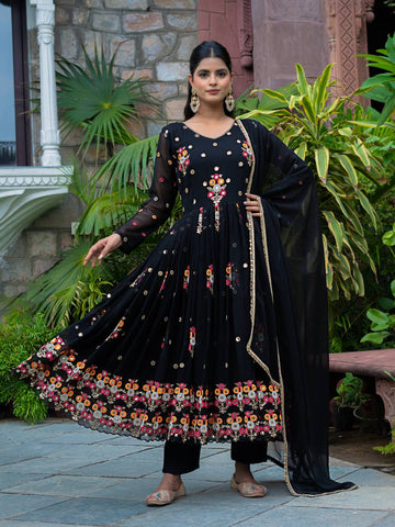 Party Wear Black Color Embroidery With Sequence Work Beautiful Anarkali Suit