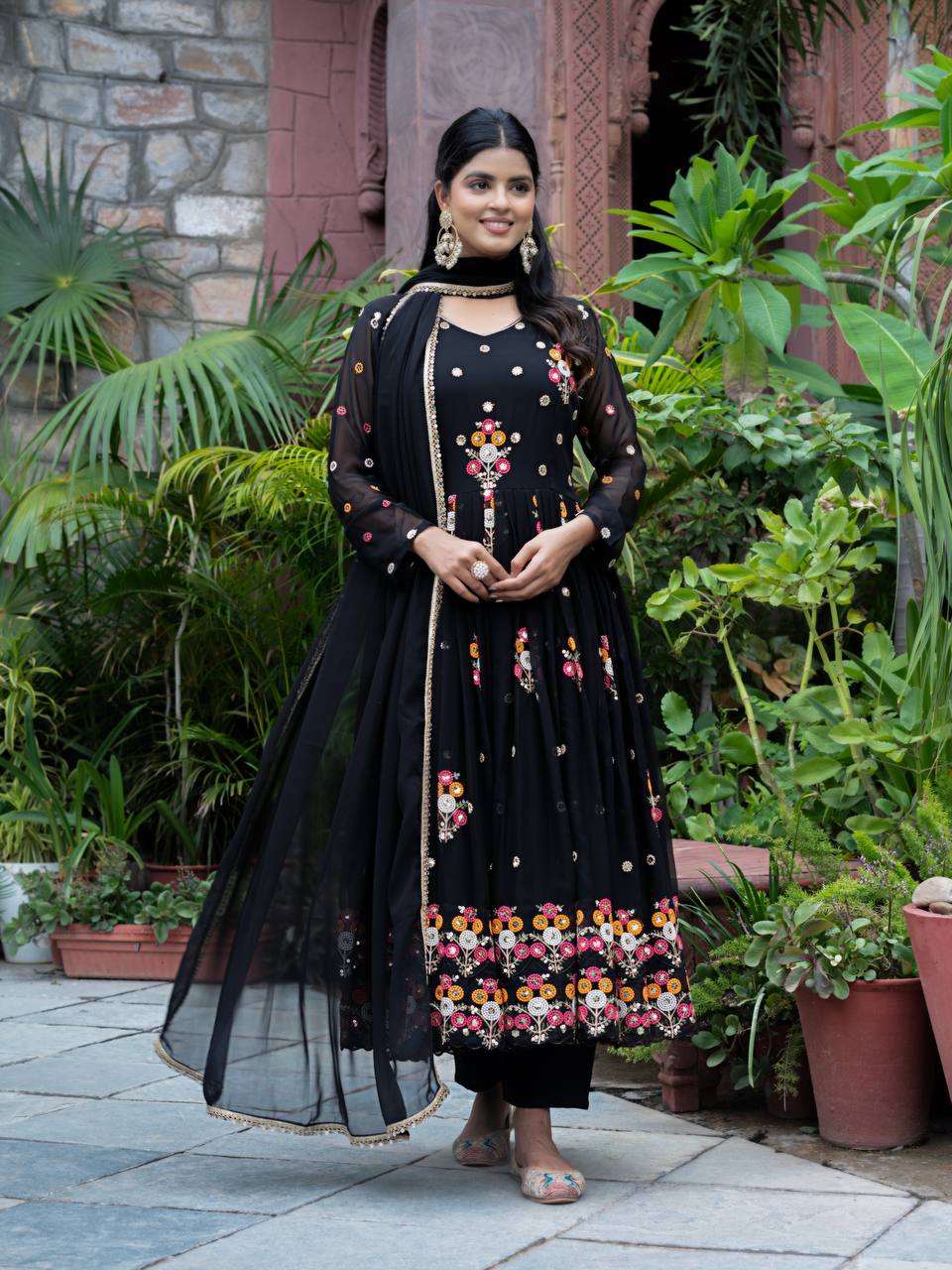Party Wear Black Color Embroidery With Sequence Work Beautiful Anarkali Suit