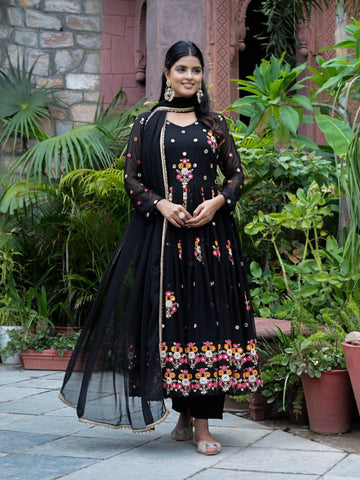 Party Wear Black Color Embroidery With Sequence Work Beautiful Anarkali Suit