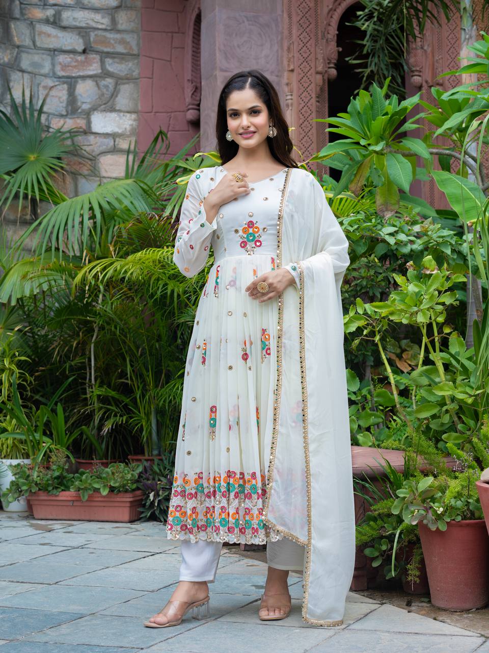 Reception Wear Off White Color Embroidery With Sequence Work Beautiful Anarkali Suit