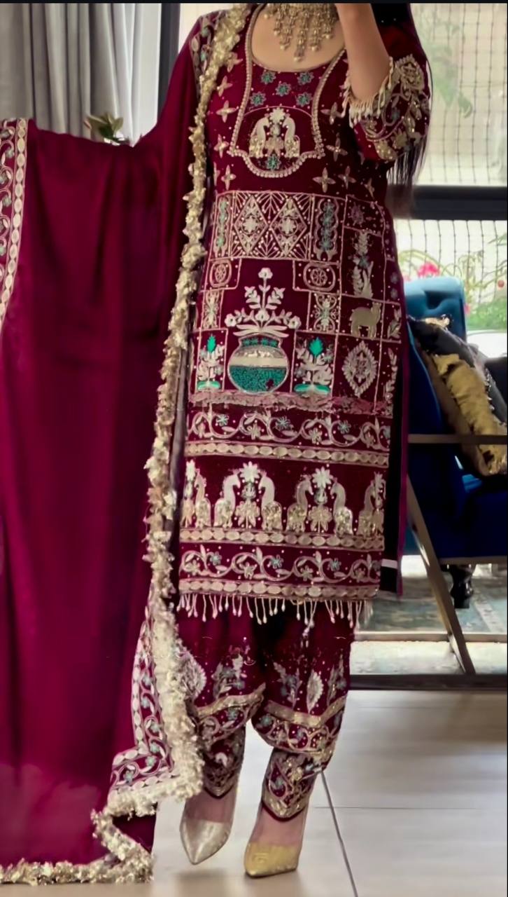 Sangeet Wear Maroon Color Embroidery With 5mm Sequence Work Salwar Suit