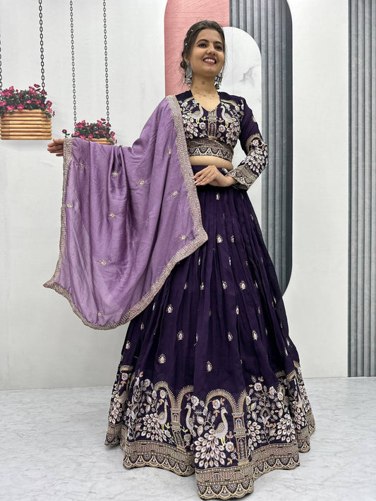 Wedding Wear Wine Color Vichitra Silk Embroidery Work Lehenga Choli