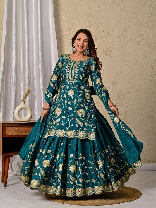Delightful Green Color Sequence Embroidered Top With Lehenga and Dupatta