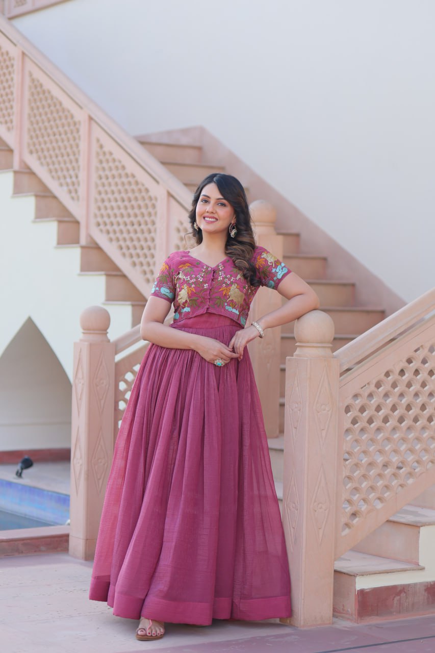Wedding Wear Wine Color Fancy Round Neck Designer Gown
