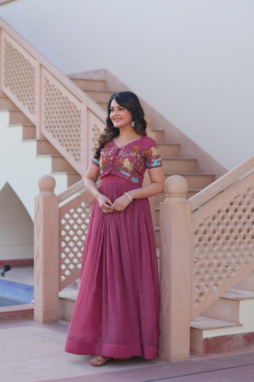 Wedding Wear Wine Color Fancy Round Neck Designer Gown