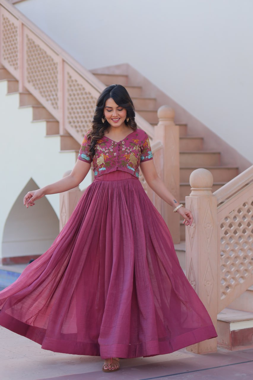 Wedding Wear Wine Color Fancy Round Neck Designer Gown