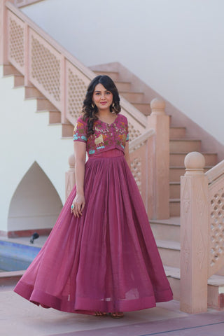 Wedding Wear Wine Color Fancy Round Neck Designer Gown
