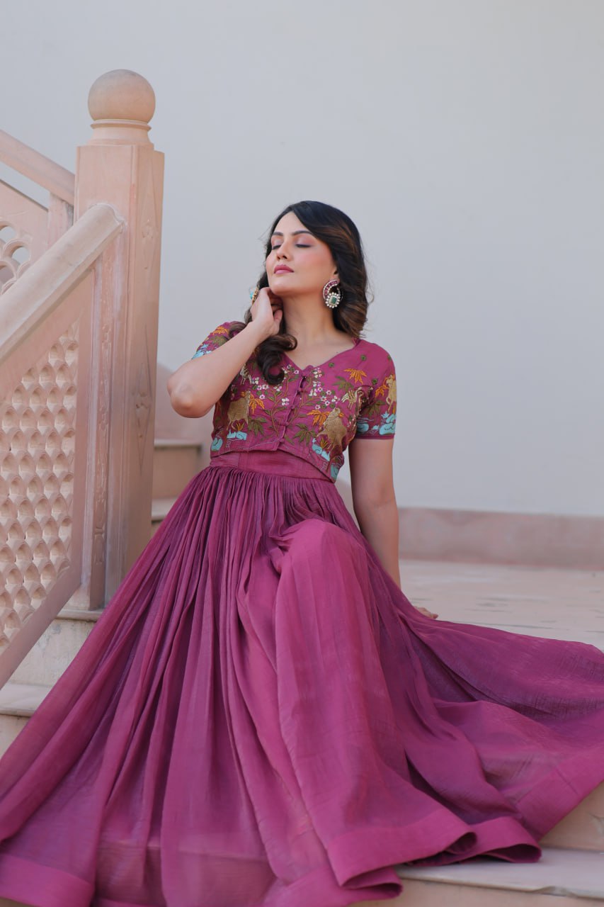 Wedding Wear Wine Color Fancy Round Neck Designer Gown