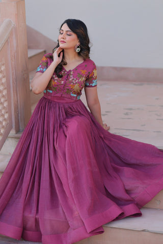 Wedding Wear Wine Color Fancy Round Neck Designer Gown