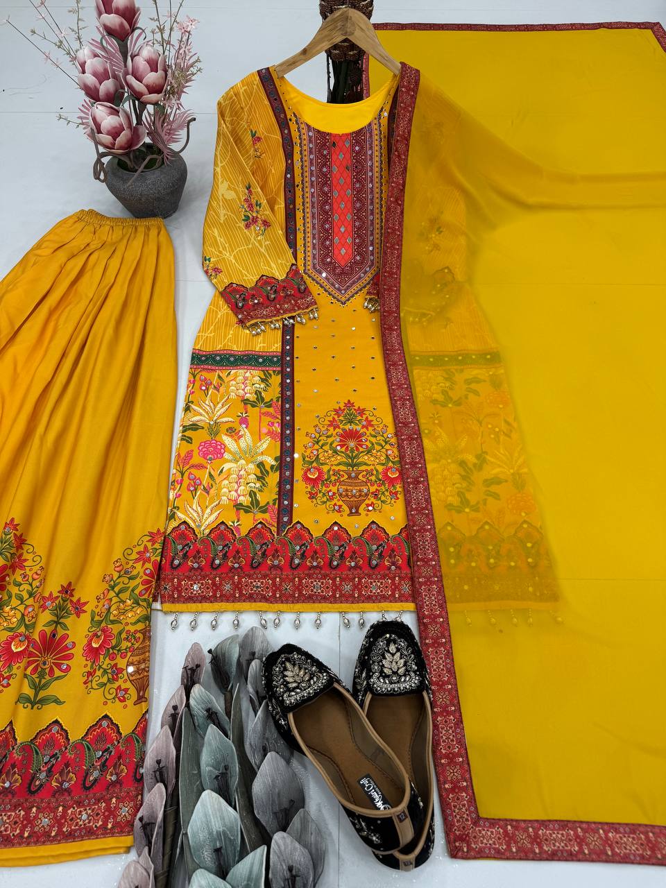 Haldi Wear Yellow Color Digital Print With Real Mirror Hand Work Palazzo Suit