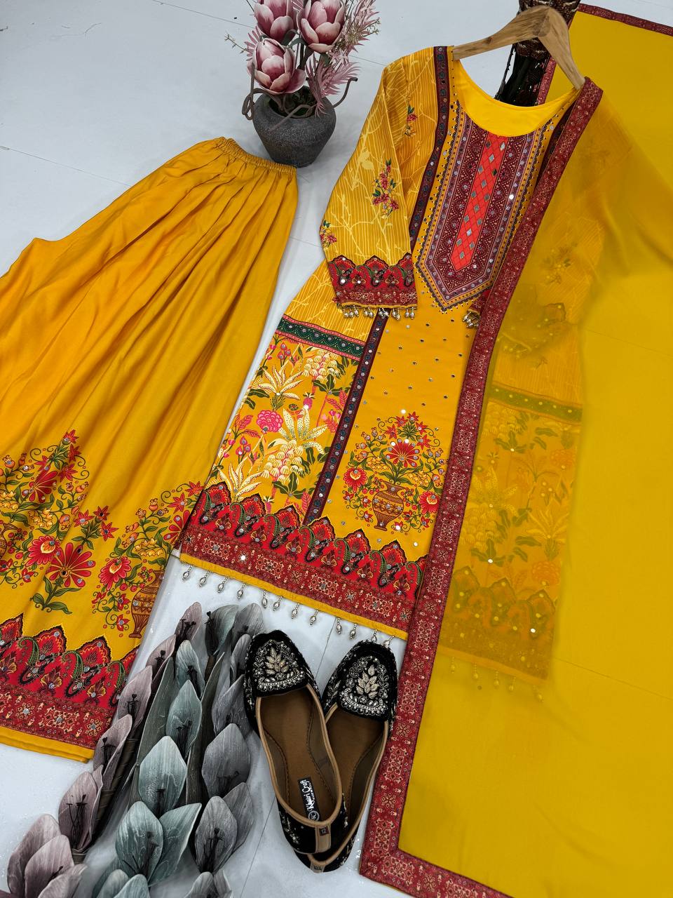 Haldi Wear Yellow Color Digital Print With Real Mirror Hand Work Palazzo Suit