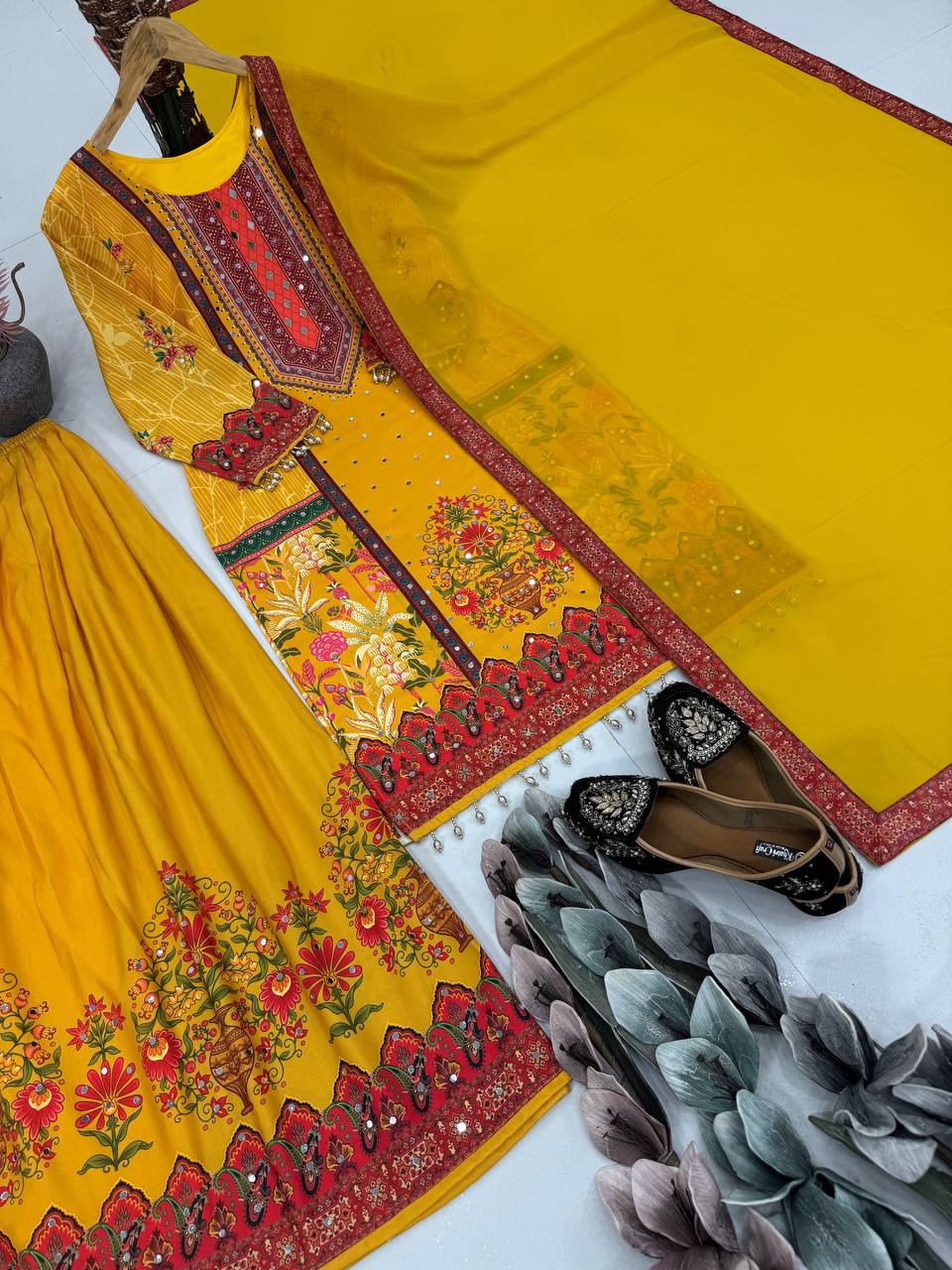 Haldi Wear Yellow Color Digital Print With Real Mirror Hand Work Palazzo Suit