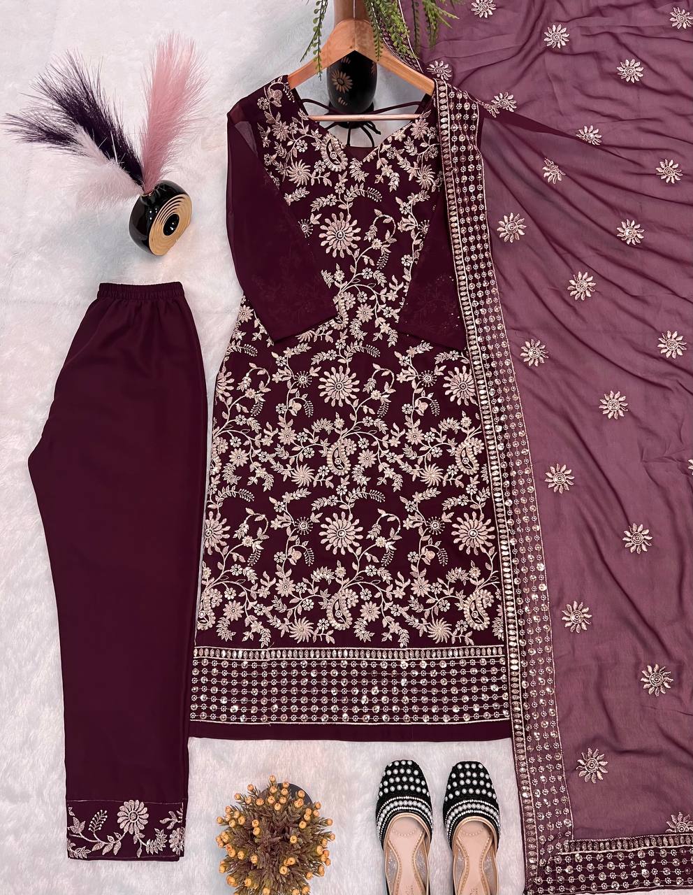 Festive Wear Wine Color Sequence Embroidery Work Designer Salwar Suit