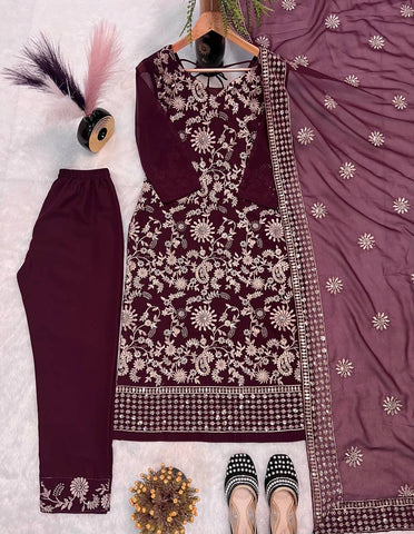 Festive Wear Wine Color Sequence Embroidery Work Designer Salwar Suit