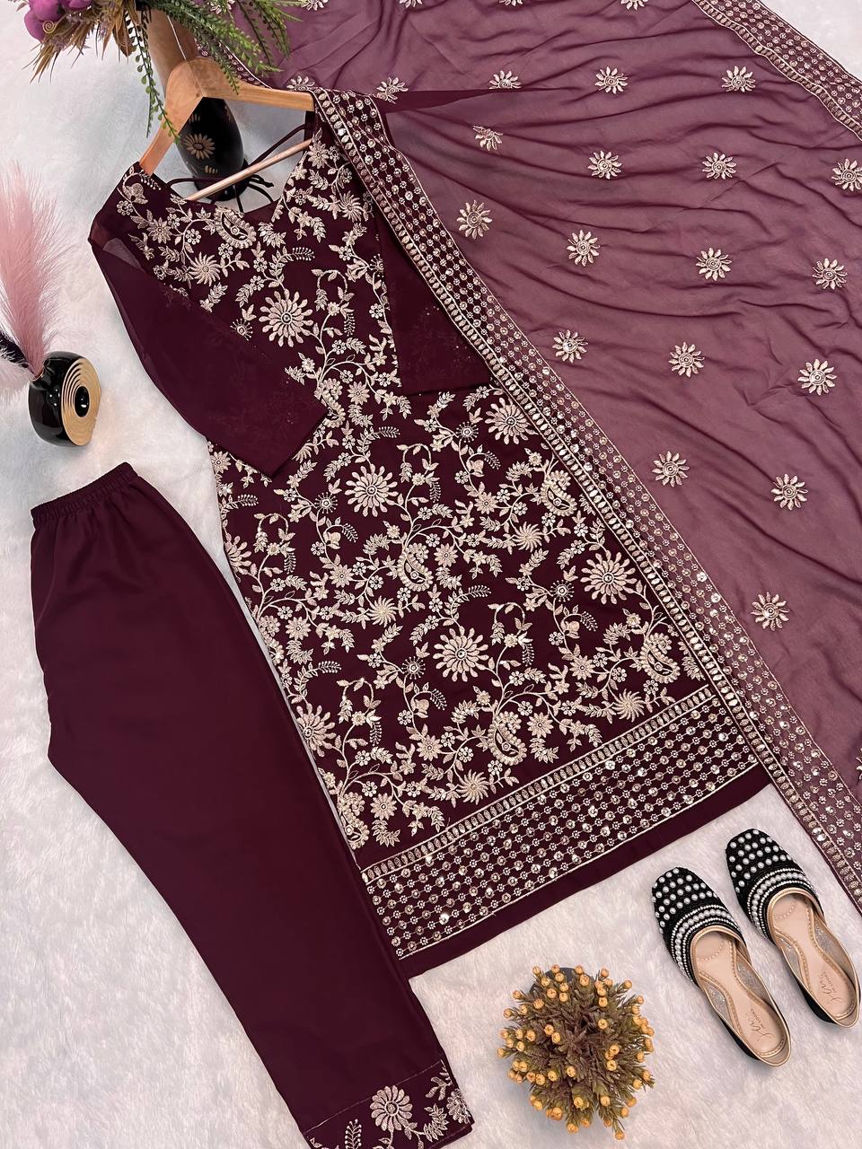 Festive Wear Wine Color Sequence Embroidery Work Designer Salwar Suit