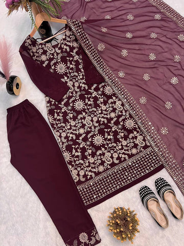 Festive Wear Wine Color Sequence Embroidery Work Designer Salwar Suit