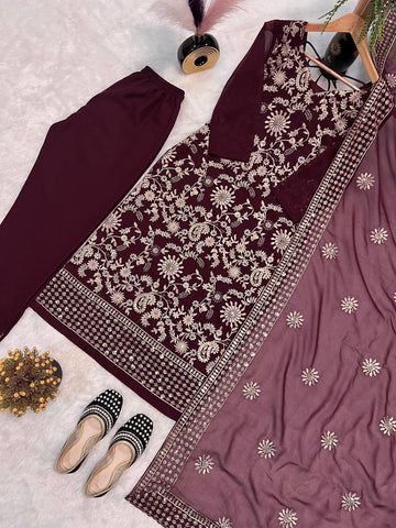 Festive Wear Wine Color Sequence Embroidery Work Designer Salwar Suit