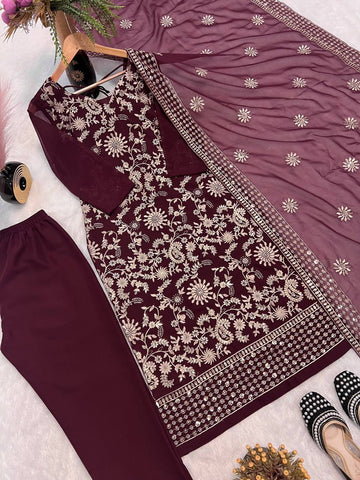 Festive Wear Wine Color Sequence Embroidery Work Designer Salwar Suit