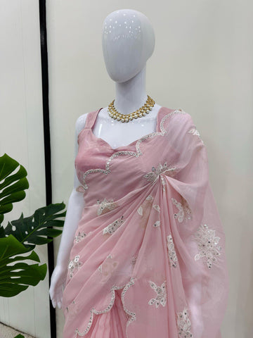 Marvelous Baby Pink Color Heavy Jimmy Chu And Thread With 9MM Sequence Work Saree
